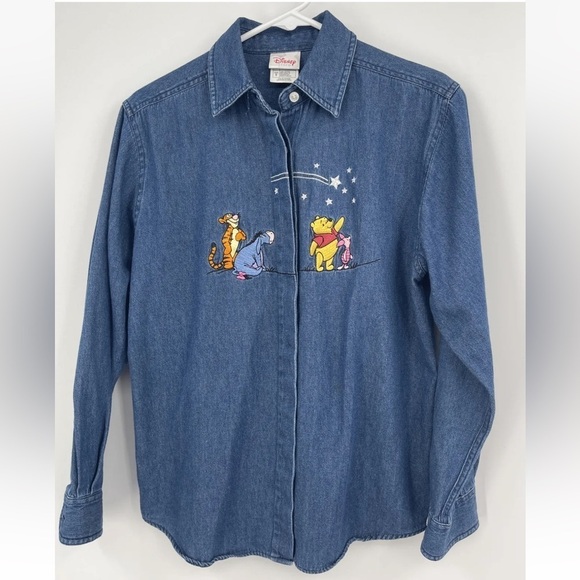 Disney Store Winnie The Pooh Tigger Piglet Eeyore Denim Button Up Shirt Top S - Picture 1 of 6